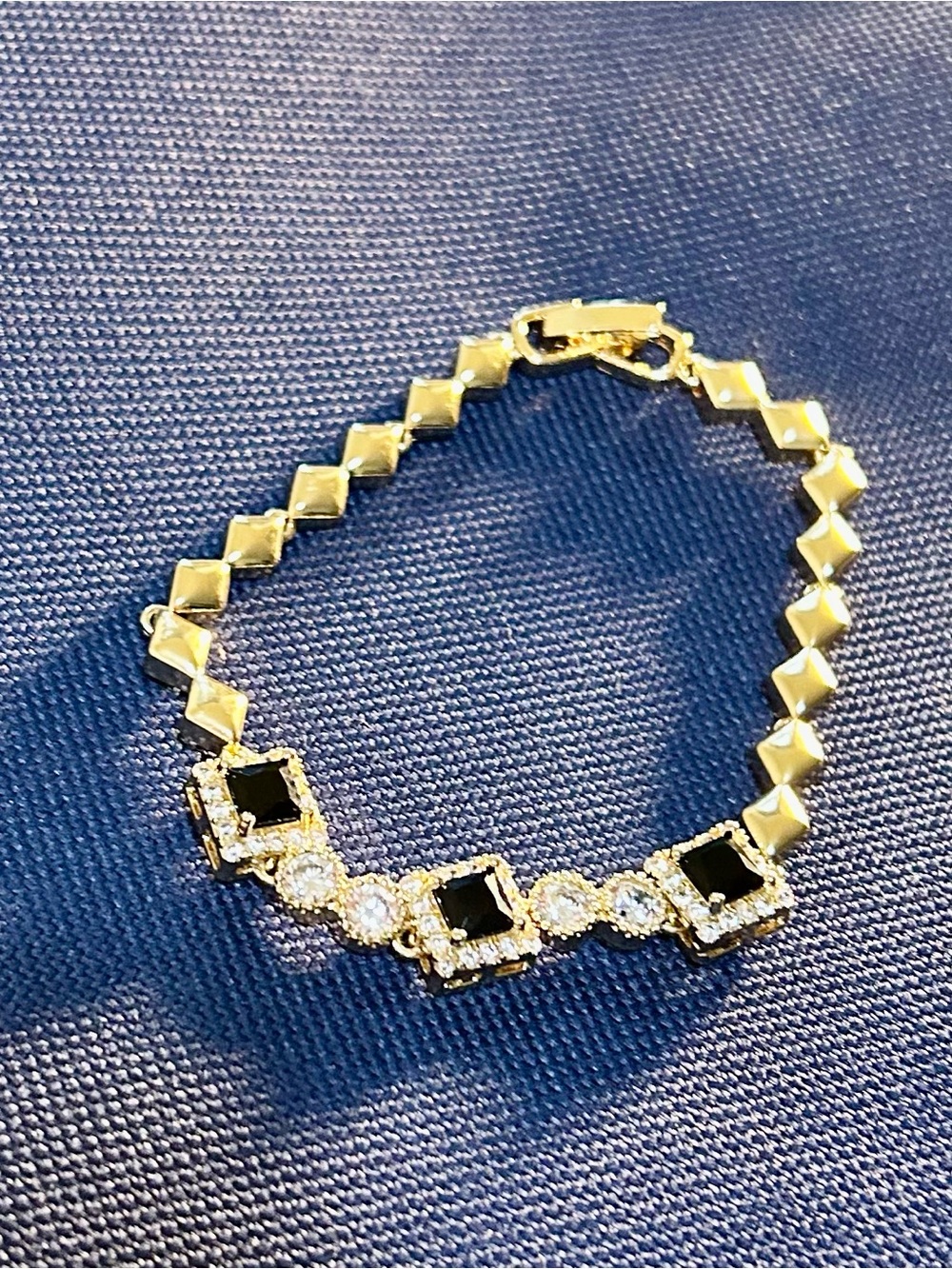 Gold Plated Bracelet with Black Stones and Clear Crystals - Women Jewelry